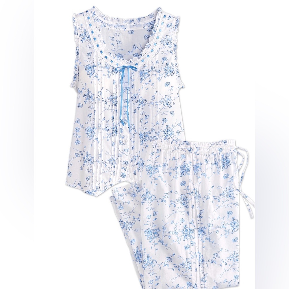 Ella Simone Pajama Set Blue Danube Toile 100% Cotton Capri Pants Tank Romantic - Picture 2 of 16